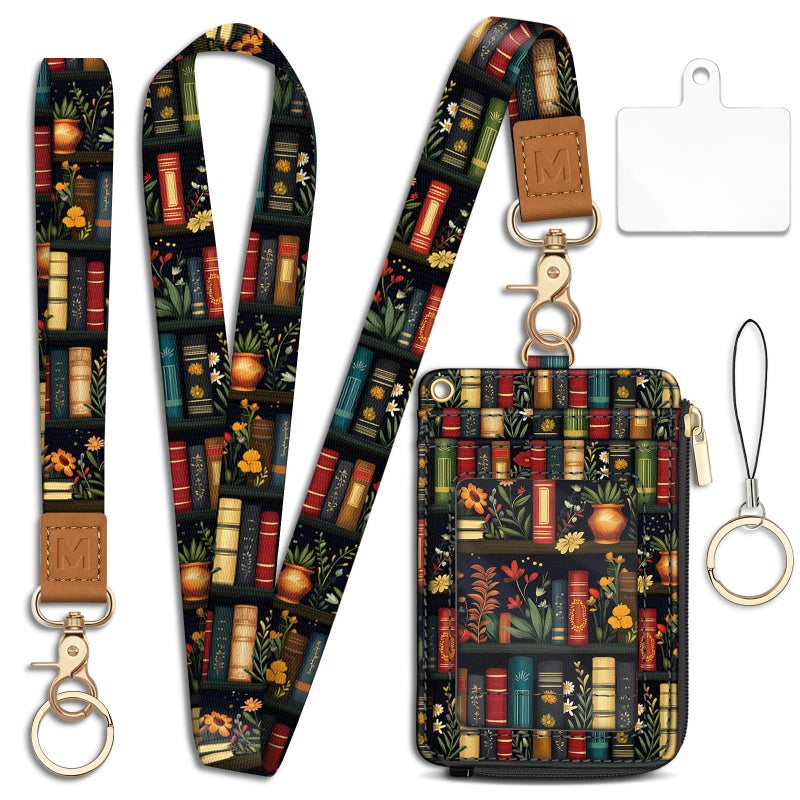 محفظة Piefly Plant Book Shelf Lanyard Wallet مع حامل شارة الهوية الأزهار الصغيرة RFID المحفظة النسائية سلسلة المفاتيح المعصم ضئيلة حامل بطاقة الائتمان مع سحاب جيب الهاتف الحبل المعصم حزام هدية المعلم مكتب - Image 1