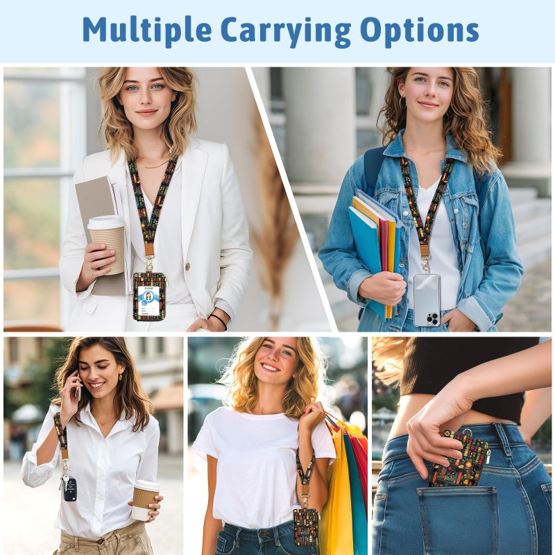 محفظة Piefly Plant Book Shelf Lanyard Wallet مع حامل شارة الهوية الأزهار الصغيرة RFID المحفظة النسائية سلسلة المفاتيح المعصم ضئيلة حامل بطاقة الائتمان مع سحاب جيب الهاتف الحبل المعصم حزام هدية المعلم مكتب - Image 2