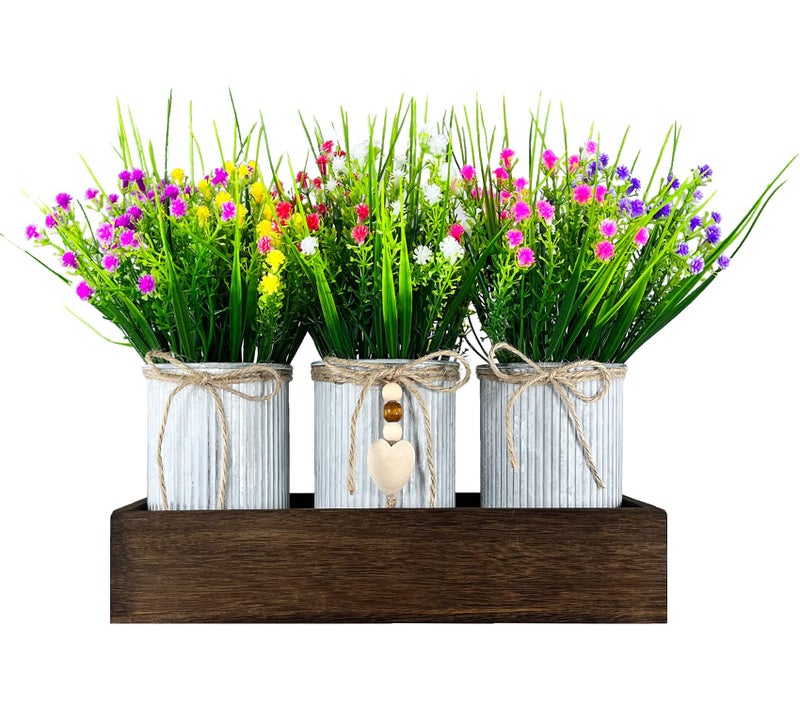 HEMYLU Gypsophila Baby's Breath Artificial Flowers in Rustic Metal Pots and Wood Tray, Table Centerpiece Decorations Fake Flowers for Home Décor - Image 1