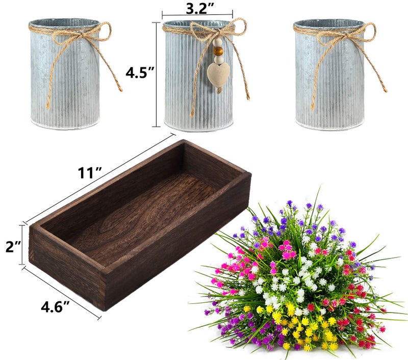 HEMYLU Gypsophila Baby's Breath Artificial Flowers in Rustic Metal Pots and Wood Tray, Table Centerpiece Decorations Fake Flowers for Home Décor - Image 3