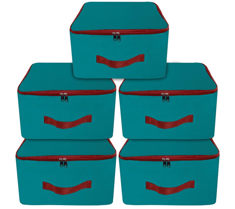 TULMAN 5 Pack Nylon Wardrobe Bag, Underbed Storage, Moisture-Proof Saree Cover with Zipper Closure & Handle - Turquoise (36 x 22.5 x 34 cm), Space-Saving Storage for Clothes and Linens - Image 1