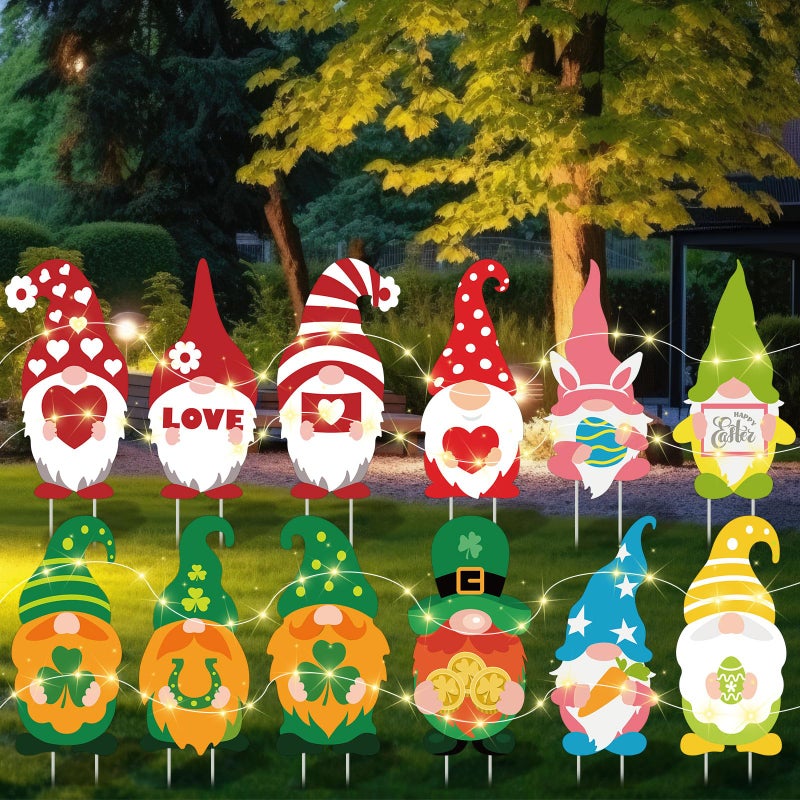 Memorywuu 12 Pcs 14 Inches Valentine s Day Yard Signs with Stakes St. Patrick's Day Easter Outdoor Gnome Yard Signs with 3 Pcs String Lights Gnomes Decorations Signs for Yard Garden Lawn Decor - Image 1