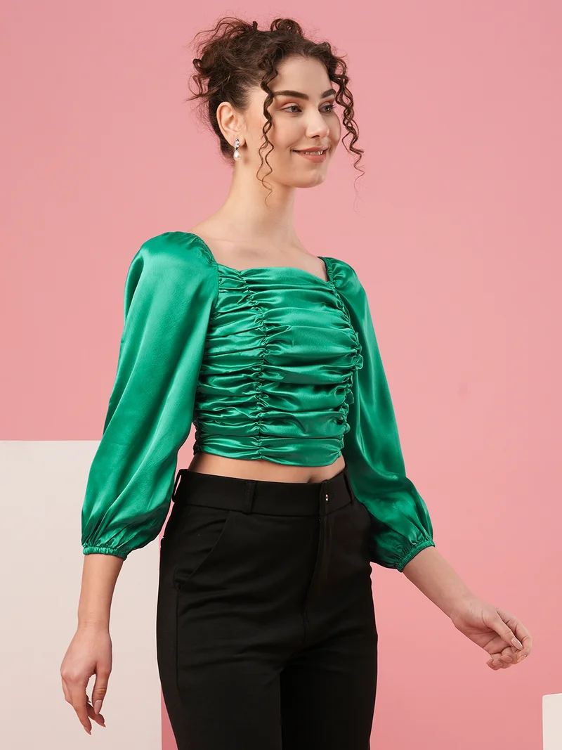 globus Women Green Puff Sleeve Gathered Satin Fitted Crop Top