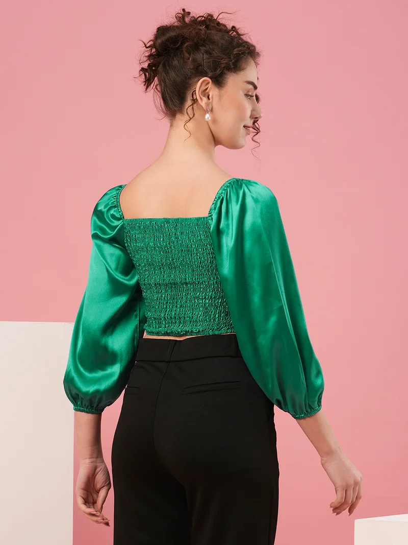 globus Women Green Puff Sleeve Gathered Satin Fitted Crop Top
