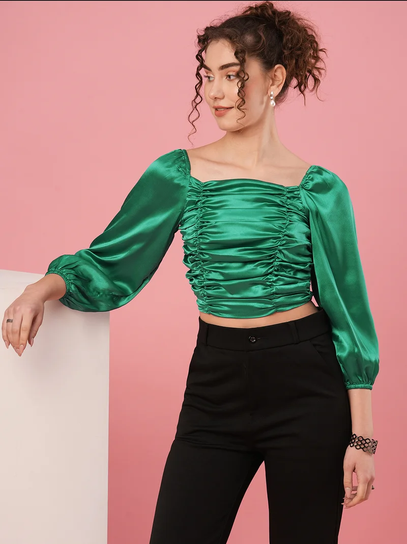 globus Women Green Puff Sleeve Gathered Satin Fitted Crop Top