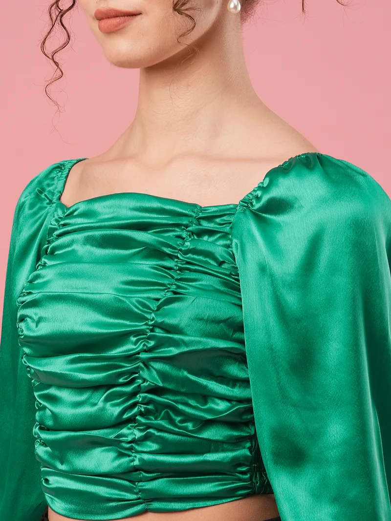 globus Women Green Puff Sleeve Gathered Satin Fitted Crop Top