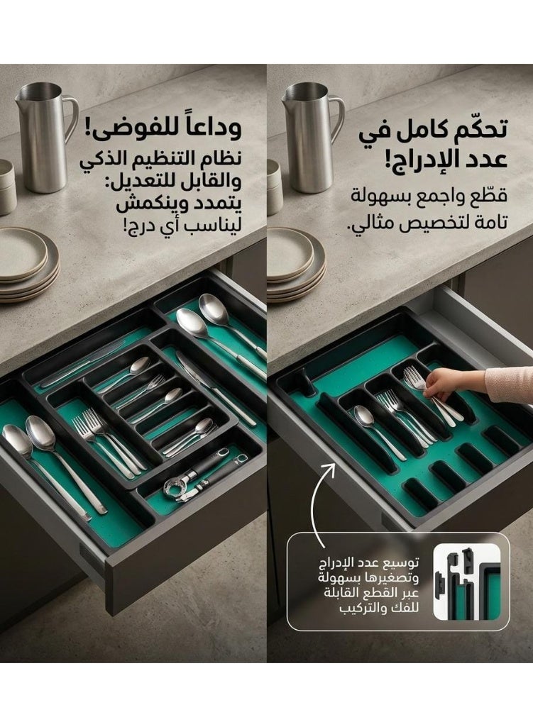 منظم درج ملاعق وشوك قابل للتوسيع بقاعدة مانعة للانزلاق لتقسيم ادوات المائدة يناسب عرض 11 الى 19 بوصة - Image 4