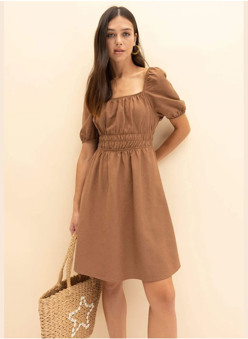 DeFacto Woman Fit And Flare Square Neck Short Sleeve Woven Dress