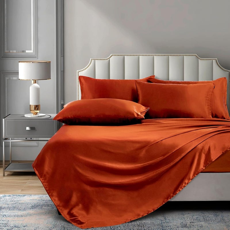 P Pothuiny Satin Sheets King (6 Pieces, Burnt Orange) Luxury Bed Set - Extra Soft Sheet Set With 1 Fitted Sheet, 1 Flat Sheet, 4 Pillow Cases - Image 2