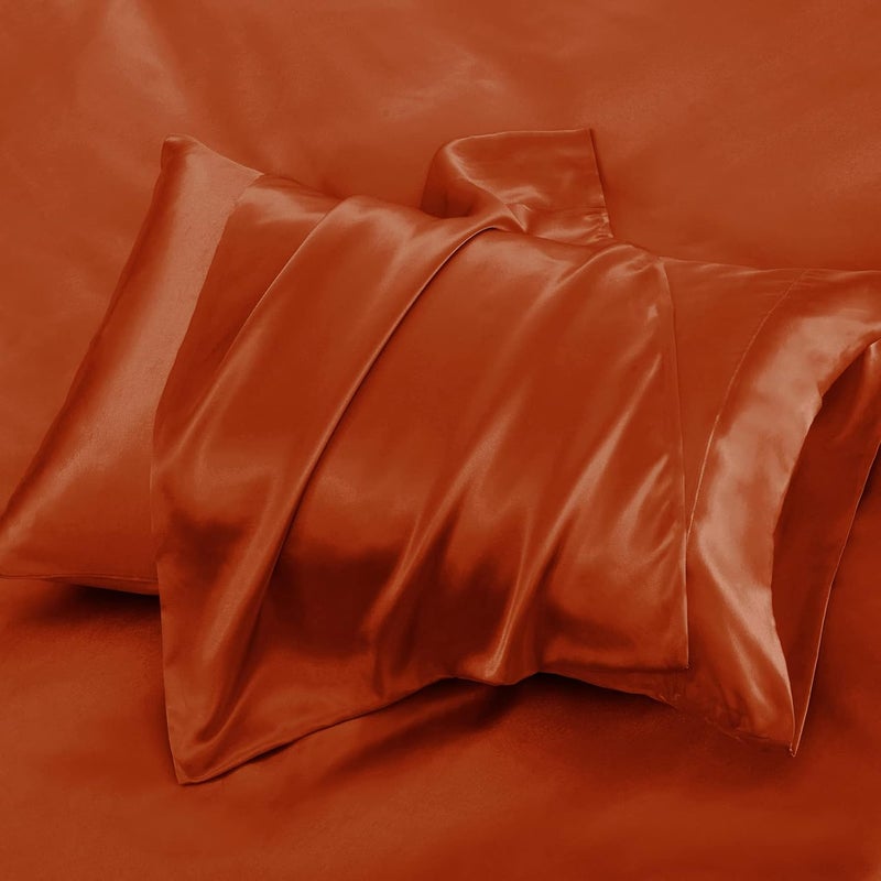 P Pothuiny Satin Sheets King (6 Pieces, Burnt Orange) Luxury Bed Set - Extra Soft Sheet Set With 1 Fitted Sheet, 1 Flat Sheet, 4 Pillow Cases - Image 4