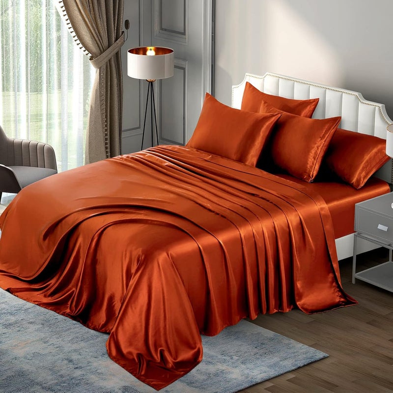 P Pothuiny Satin Sheets King (6 Pieces, Burnt Orange) Luxury Bed Set - Extra Soft Sheet Set With 1 Fitted Sheet, 1 Flat Sheet, 4 Pillow Cases - Image 3