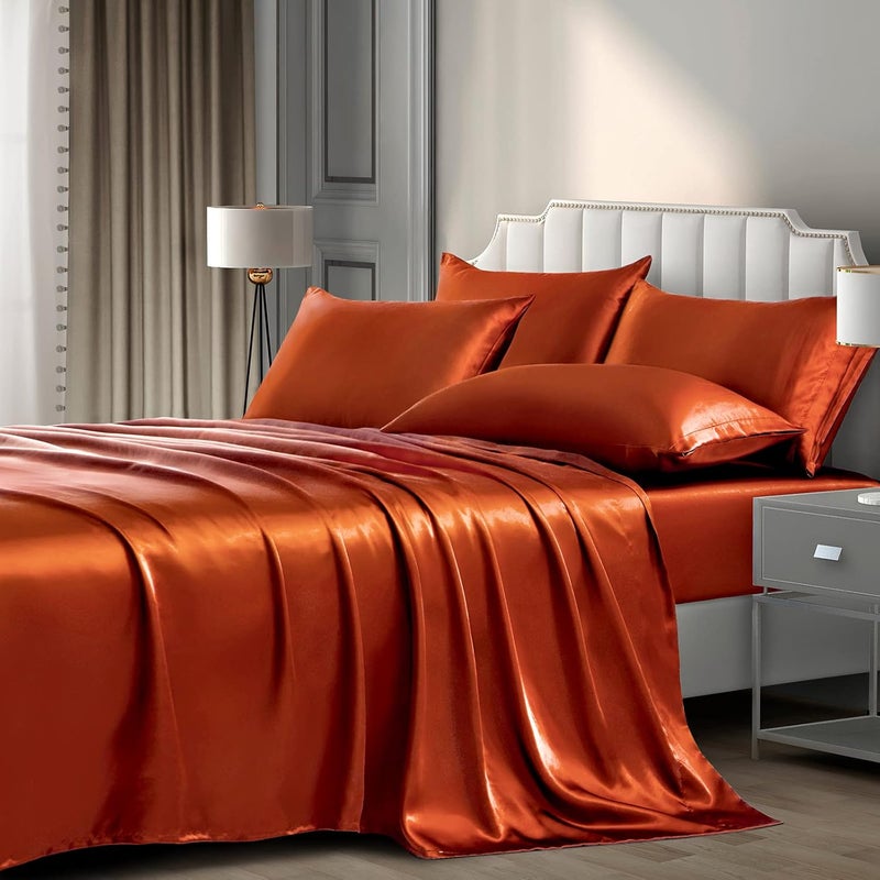 P Pothuiny Satin Sheets King (6 Pieces, Burnt Orange) Luxury Bed Set - Extra Soft Sheet Set With 1 Fitted Sheet, 1 Flat Sheet, 4 Pillow Cases - Image 1