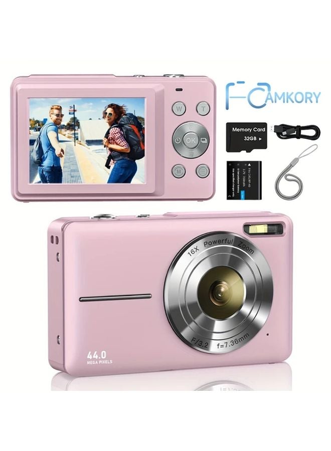 Camkory 44MP FHD 1080P Digital Camera 16X Zoom Anti Shake 32GB Memory Card Pink DC403 - Image 1