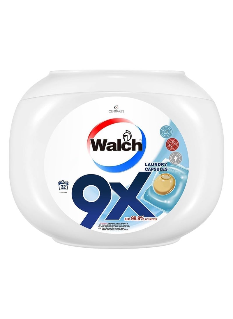 Walch كبسولات مسحوق الغسيل المضاد للبكتيريا من والش 9X، مكونات نباتية مصنوعة في ألمانيا مع قوة تنظيف 9X، تقتل 99.9% من الجراثيم ومضادة لعث الغبار، 32 كبسولة - Image 1