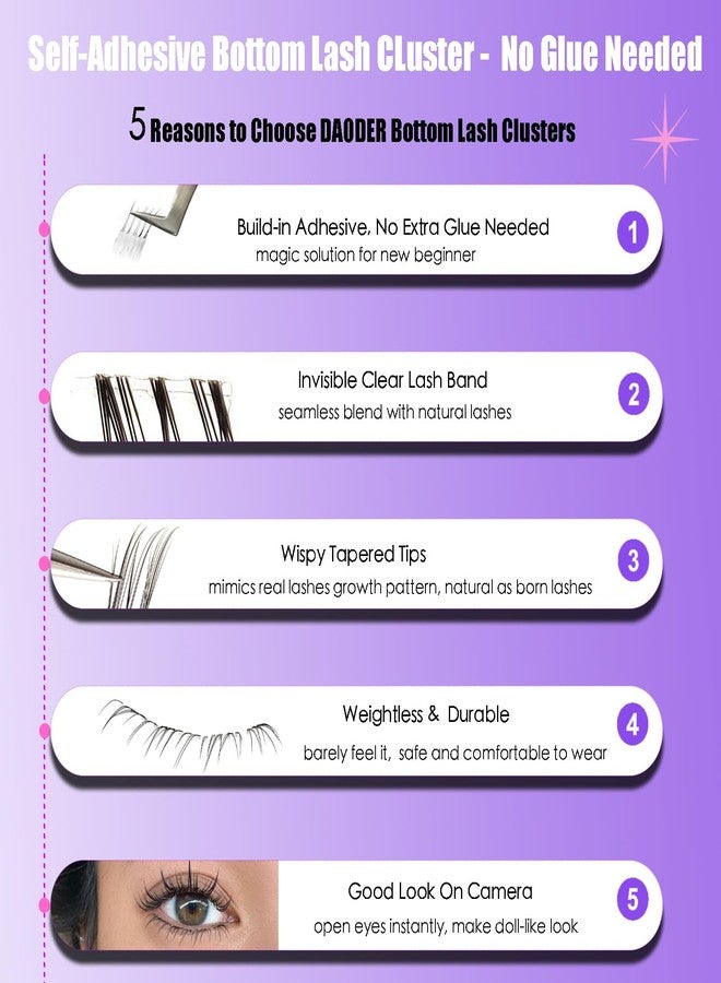 DAODER Bottom Lash Clusters Self Adhesive, Pre Glued Lower Eyelash Clusters, Wispy Bottom Lashes Natural Look Clear Band J Curl For Under Eyeslashes 5-7mm (Black Fairy Angel) - Image 4
