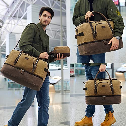 NerIion Nerlion Weekender Bag with Shoe Compartment Large Overnight Bag for Men Canvas Genuine Leather Carry on Luggage Bag Travel Duffel Bag(Brown) - Image 2