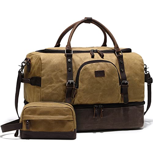 NerIion Nerlion Weekender Bag with Shoe Compartment Large Overnight Bag for Men Canvas Genuine Leather Carry on Luggage Bag Travel Duffel Bag(Brown) - Image 1