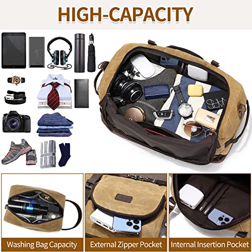 NerIion Nerlion Weekender Bag with Shoe Compartment Large Overnight Bag for Men Canvas Genuine Leather Carry on Luggage Bag Travel Duffel Bag(Brown) - Image 4