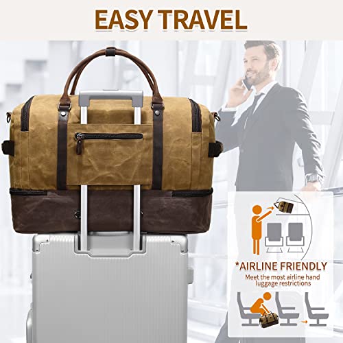 NerIion Nerlion Weekender Bag with Shoe Compartment Large Overnight Bag for Men Canvas Genuine Leather Carry on Luggage Bag Travel Duffel Bag(Brown) - Image 3