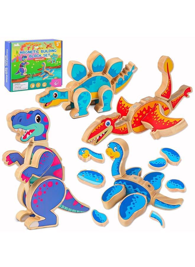 X spring Dinosaur Magnetic Blocks 30Pcs Take Apart Dinosaurs Playset Wooden Dino Blocks Dinosaur Magnetic Building Blocks Set Montessori Fine Motor Skills Educational Learning Toy Gift - Image 1