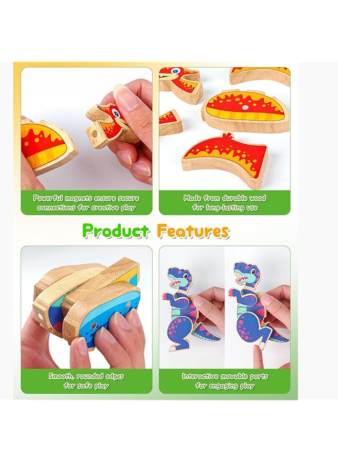 X spring Dinosaur Magnetic Blocks 30Pcs Take Apart Dinosaurs Playset Wooden Dino Blocks Dinosaur Magnetic Building Blocks Set Montessori Fine Motor Skills Educational Learning Toy Gift - Image 3