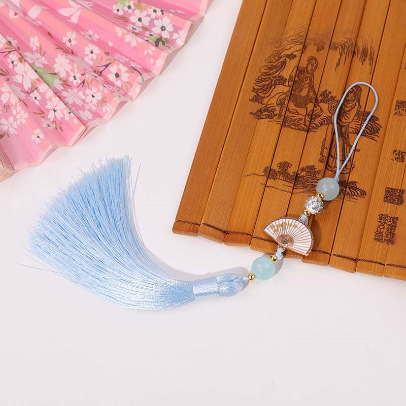 Generic Diamond Ball white fan tassel tassel Palace style cheongsam hanging tassel Han clothing accessories car hanging bag Press placket round beads hanging beard Light blue