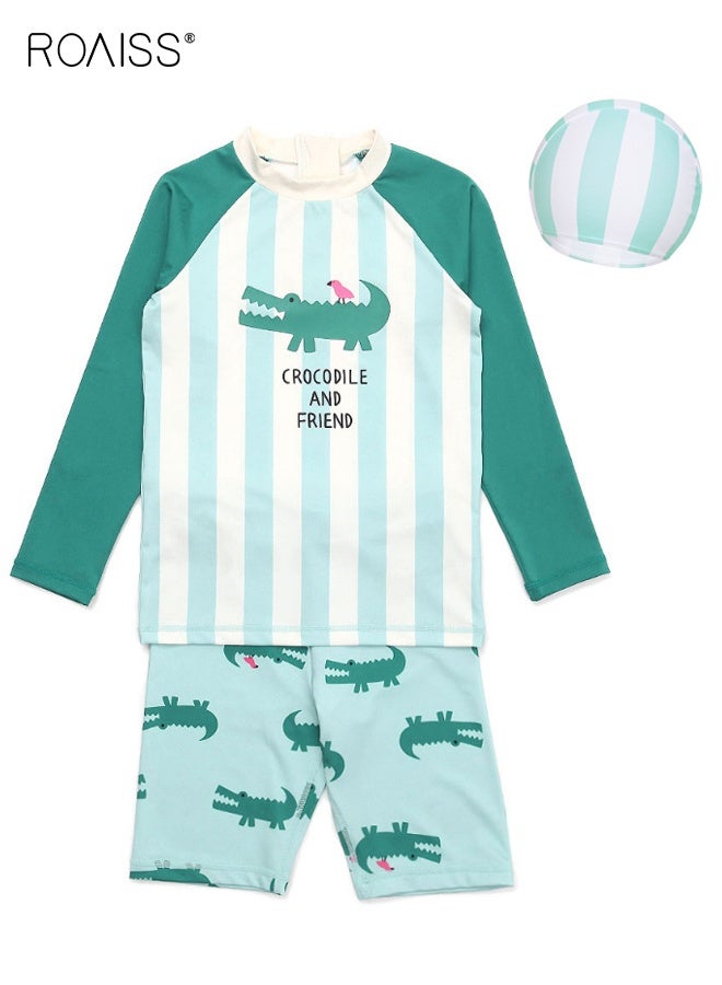roaiss Boys 3PCS Swimsuit, Quick-drying Swim Set with Dinosaur Top, Elastic Waist Shorts and Cap, Summer Bathing Suit, Rash Guard Swimsuits for Boys  - Image 1