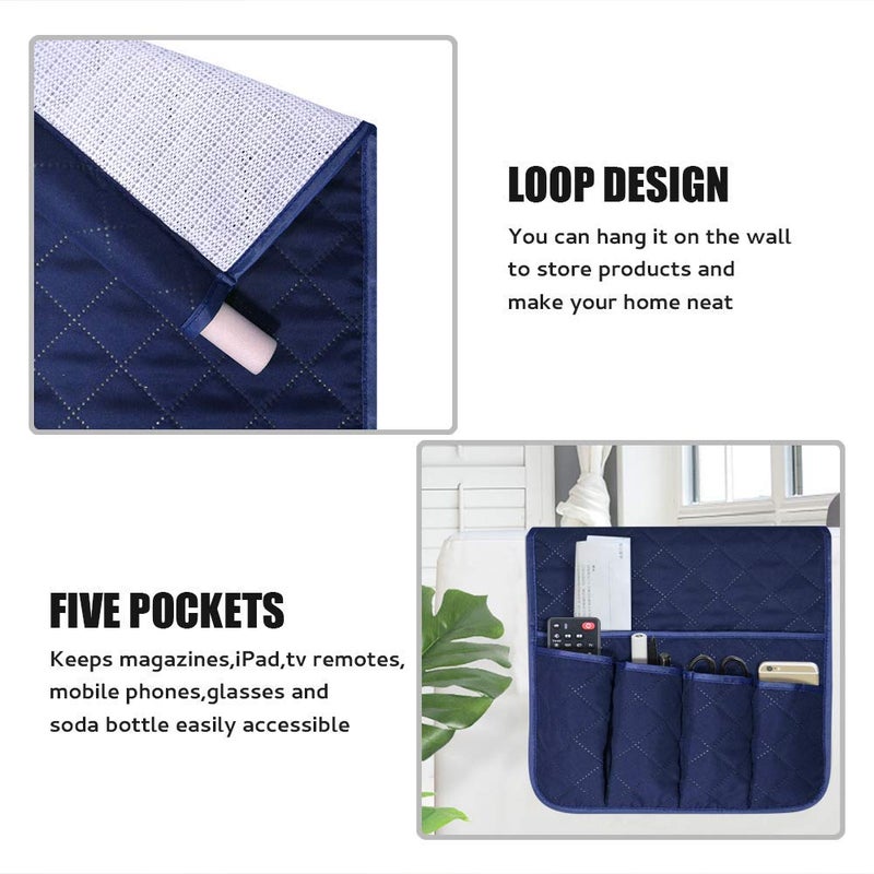 AUVCAS Sofa Armrest Organizer Non-Slip Arm Chair Bedside Caddy Storage Organizer For Recliner Couch With 5 Pockets For Cell Phone Tv Remote Control Magazines (Blue) - Image 3