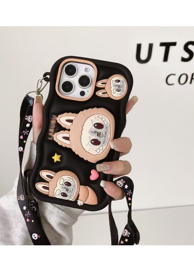 Case 3D Cute Silicone Cover with 3D Stand and Kawaii Shoulder Strap, Kids Girls Soft Funny Shockproof TPU Case With Lanyard For iPhone 11 Pro Max 6.5 Inch (Black)