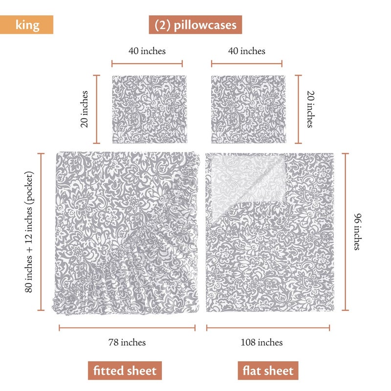 Indigo Ink - King Size Sheet Set, 4-Piece Boho Floral Damask Patterned Bedding, Soft & Wrinkle Resistant (Tufted Medallion Collection, Grey) - Image 4