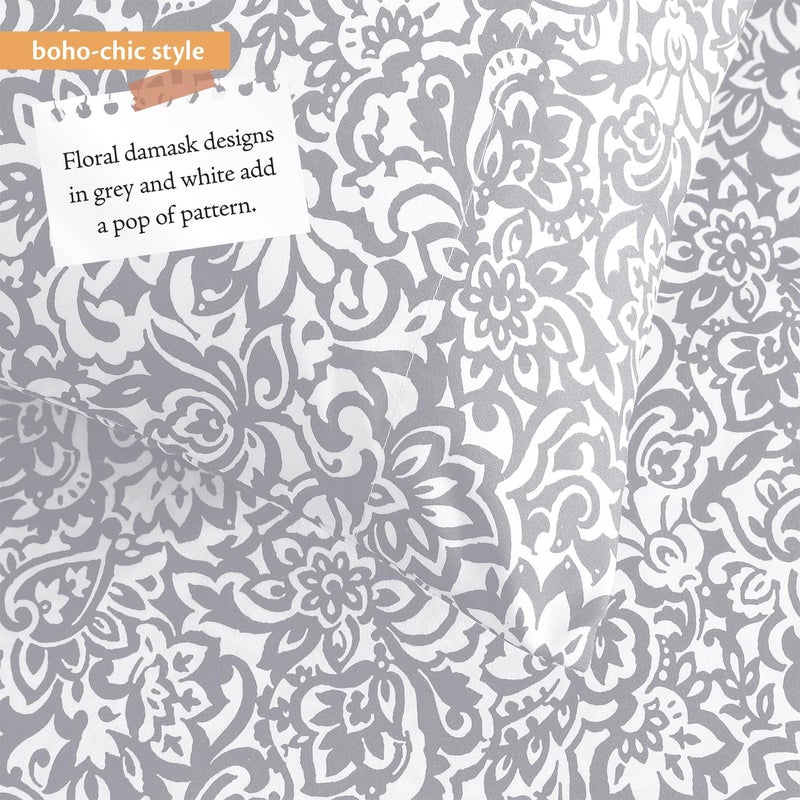 Indigo Ink - King Size Sheet Set, 4-Piece Boho Floral Damask Patterned Bedding, Soft & Wrinkle Resistant (Tufted Medallion Collection, Grey) - Image 3