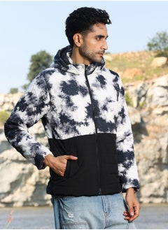 Campus Sutra Men's Black & White Tie-Dye Block Puffer Jacket  - Image 3