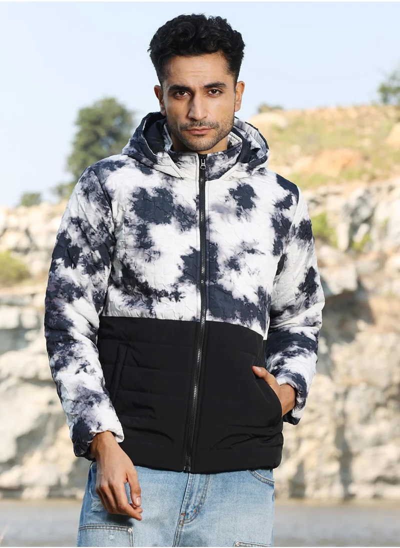 Campus Sutra Men's Black & White Tie-Dye Block Puffer Jacket
