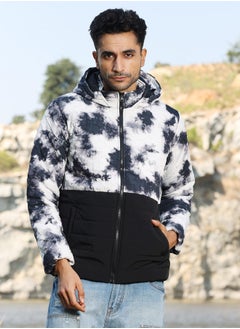 Campus Sutra Men's Black & White Tie-Dye Block Puffer Jacket  - Image 2