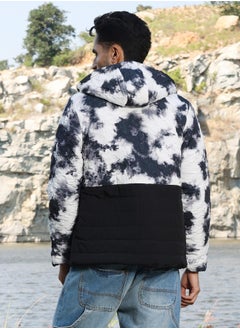 Campus Sutra Men's Black & White Tie-Dye Block Puffer Jacket  - Image 5