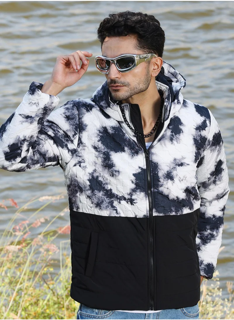 Campus Sutra Men's Black & White Tie-Dye Block Puffer Jacket