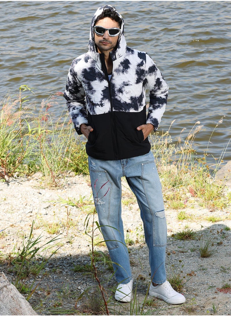 كامبوس سوترا - Men's Black & White Tie-Dye Block Puffer Jacket - Image 1