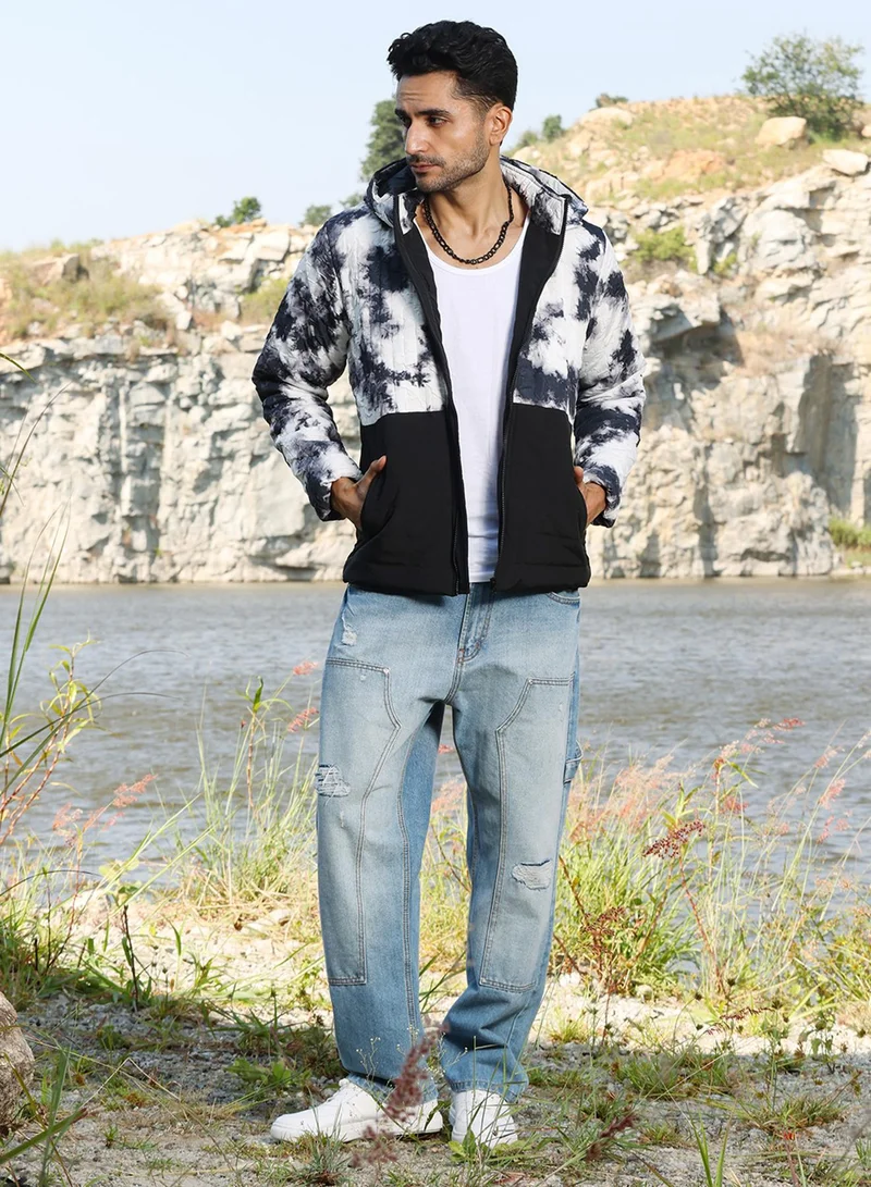 كامبوس سوترا Men's Black & White Tie-Dye Block Puffer Jacket