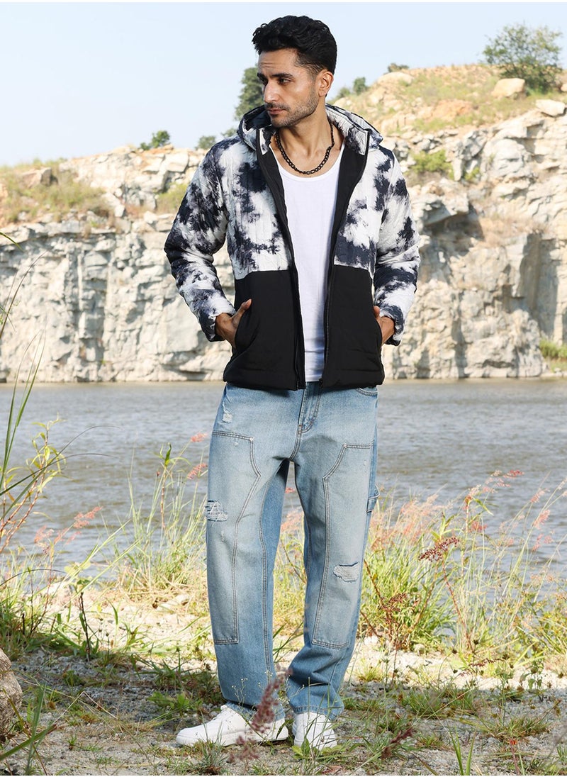 كامبوس سوترا - Men's Black & White Tie-Dye Block Puffer Jacket - Image 1