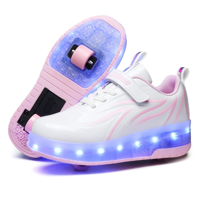HHSTS Kids Shoes with Wheels LED Light Color Shoes Shiny Roller Skates Skate Shoes Simple Kids Gifts Boys Girls The Best Gift for Party Birthday Christmas Day12 Little KidWhite Pink