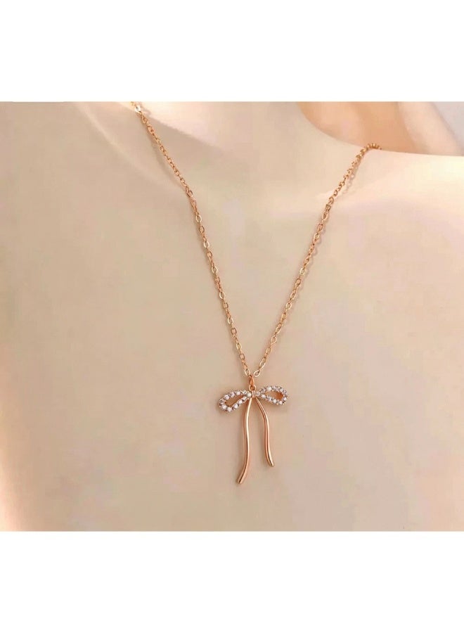 S925 Sterling Silver Ribbon Bow Zircon Pendant Necklace – Sweet & Fashionable Niche Design Choker for Women - Image 3