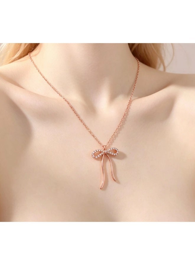 S925 Sterling Silver Ribbon Bow Zircon Pendant Necklace – Sweet & Fashionable Niche Design Choker for Women - Image 1