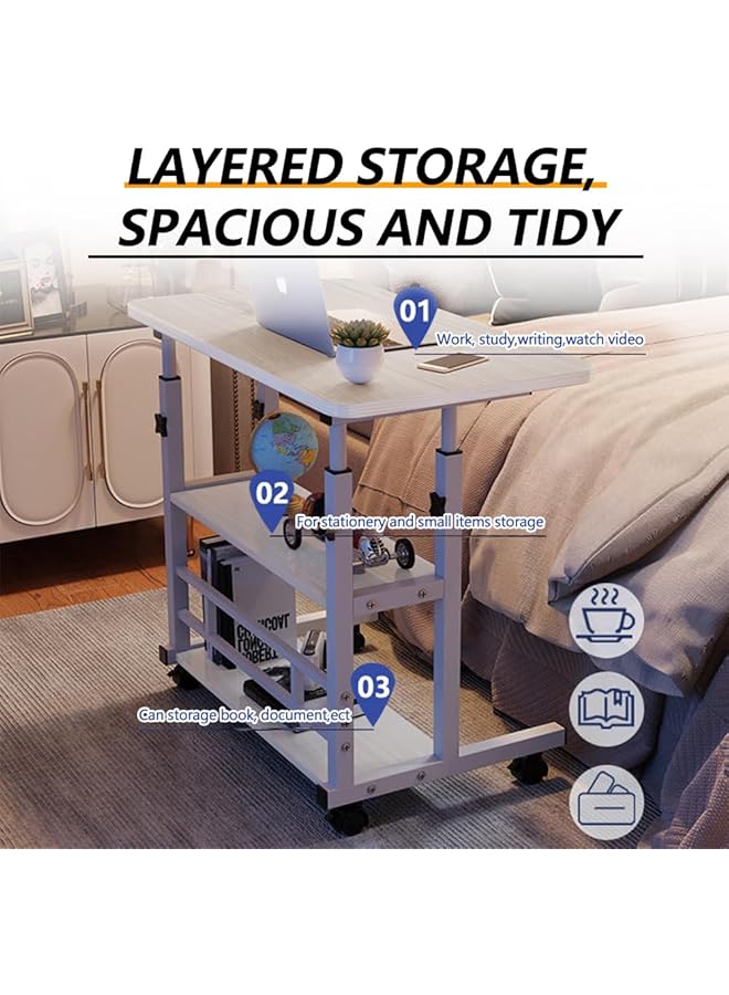 erorex Home Office Desk Height Adjustable Laptop Table With Shelf Portable Small Computer Desk With Rolling Wheel Modern Side Table For Work Study Reading Stable And Durable 80*40*60 90Cm White Maple - Image 3