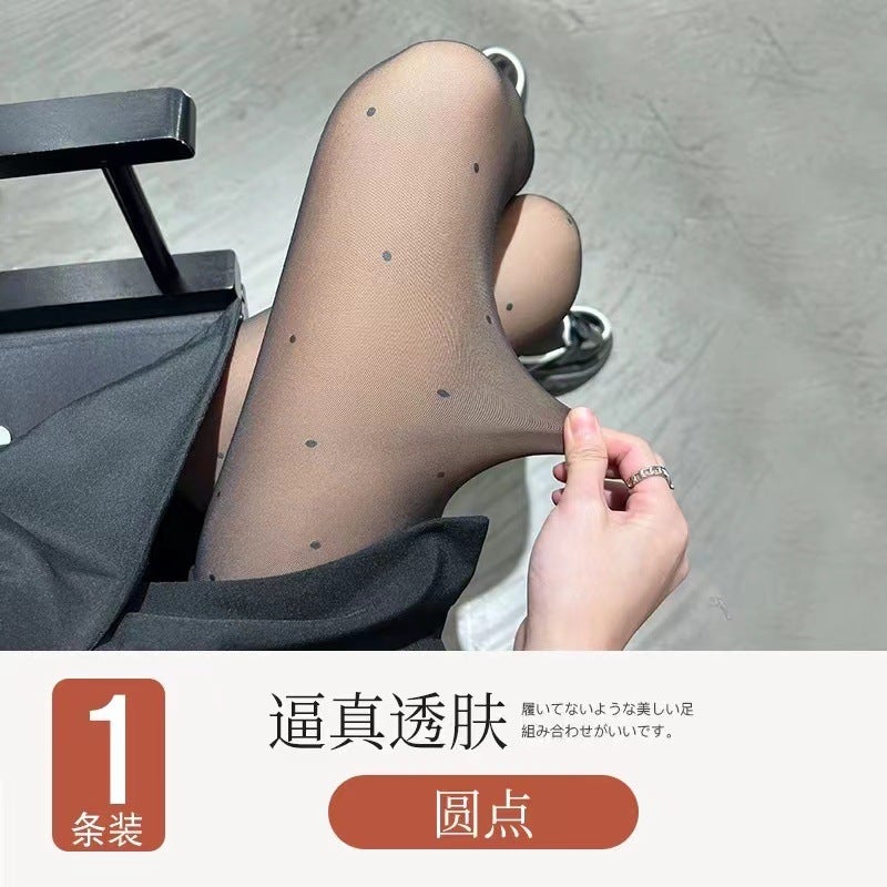 Flocking Love Wave Dot Women'S Fleece-Lined Thickened Black Skin-Transparent Light Leg Artifact Base Fake Meat Pantyhose - Image 1