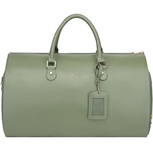 Modoker Women Convertible Leather Garment Bag with Shoulder Strap PU Leather Garment Duffel Bag Carry on 2 in 1 Hanging Suitcase Suit Travel Bags Green