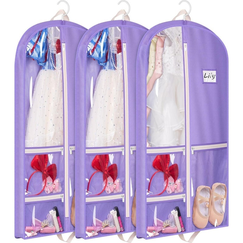 Garment Bags, Dance Garment Bags, 3 Packs 40" Hanging Dance Costume Garment Bag, with 3 Zippered Pockets, Storage for Girls Competition for Dancers, Storing Shoes, Bows, Hair Ties, Travel, Purple - Image 1