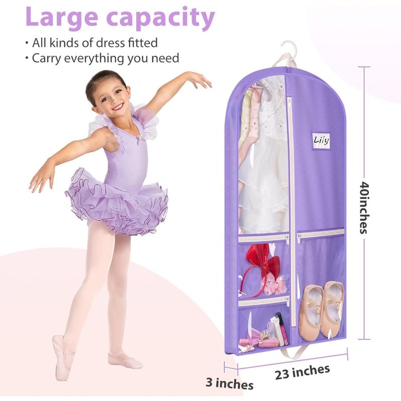 Garment Bags, Dance Garment Bags, 3 Packs 40" Hanging Dance Costume Garment Bag, with 3 Zippered Pockets, Storage for Girls Competition for Dancers, Storing Shoes, Bows, Hair Ties, Travel, Purple - Image 2