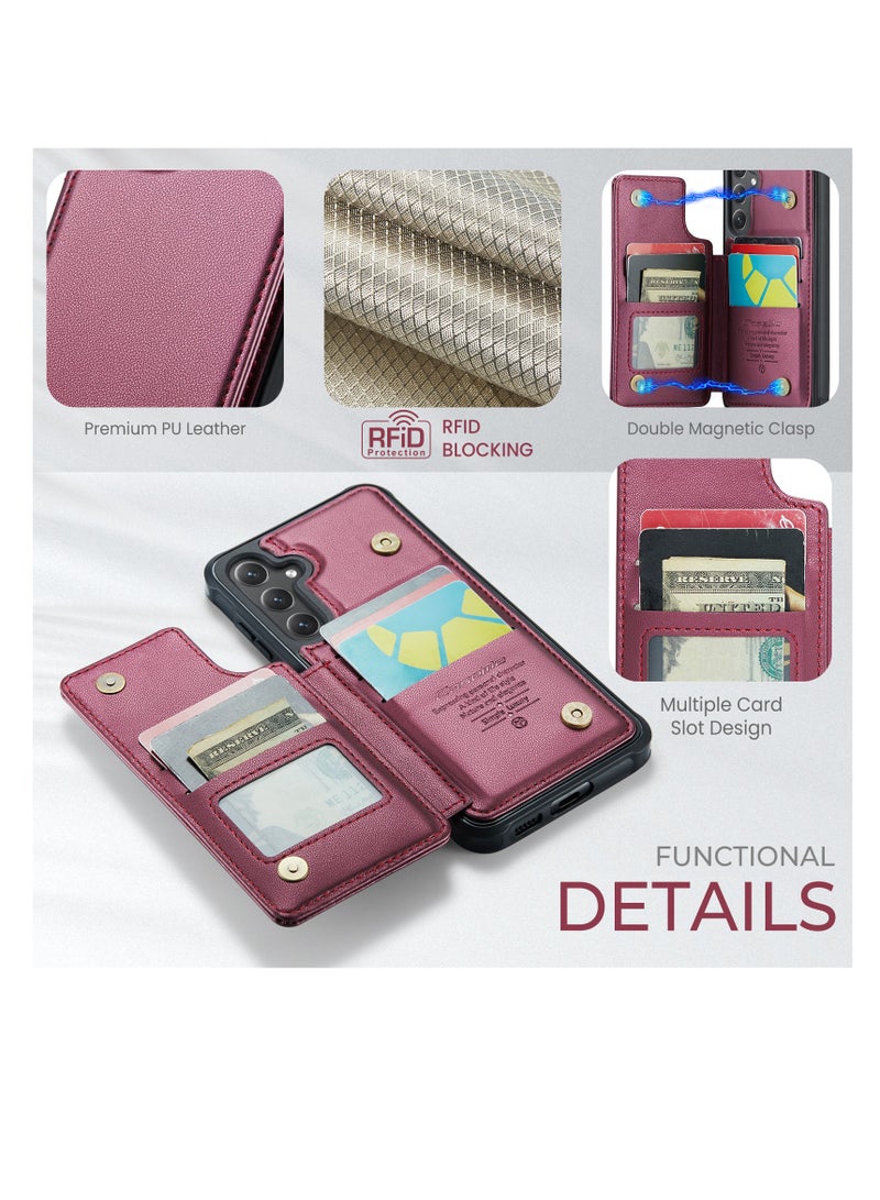 CaseMe Wallet Case for Samsung Galaxy S24 Plus, Premium Handmade Durable PU Leather Slim Shockproof Case with [Double Magnetic Clasp] [Card Holder] [Kickstand] [RFID Blocking] (Red)  - Image 5
