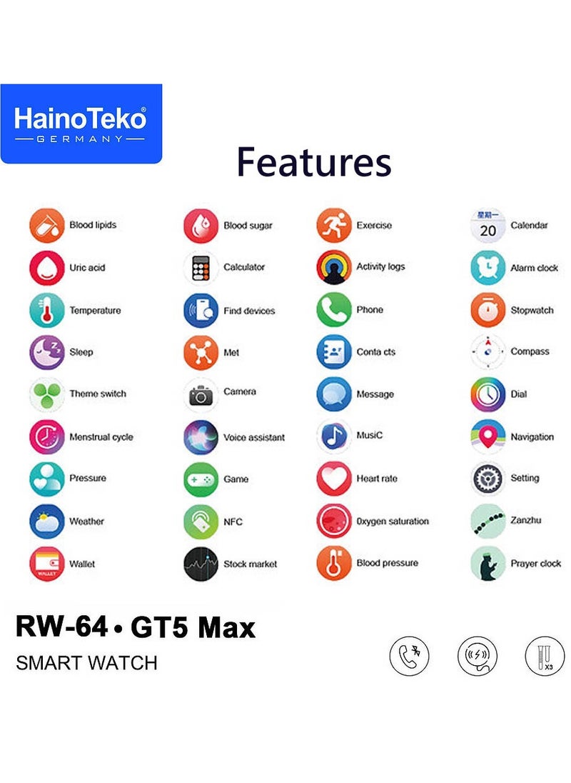Haino Teko - Haino Teko RW-64 GT5 Max Smartwatch With Large Screen AMOLED Display Voice Assistant and 3 Pair Straps Designed For Men Blue - Image 1