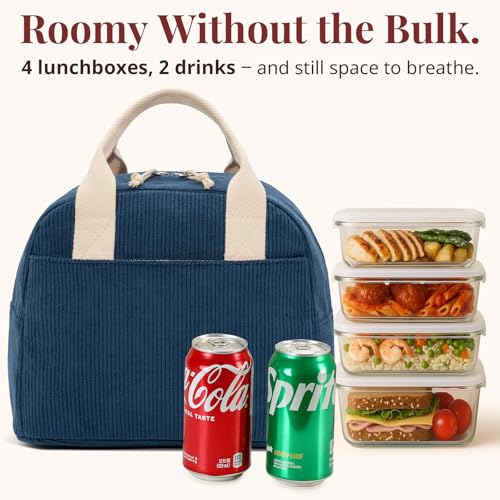 LOVELYWIND Insulated Navy Blue Lunch Bag for Women, Stylish Corduroy Tote with Aluminum Lining, Large Capacity Reusable Cooler for Work, Travel, or Beach, Beige Cream Water-Resistant Lunch Box - Image 2